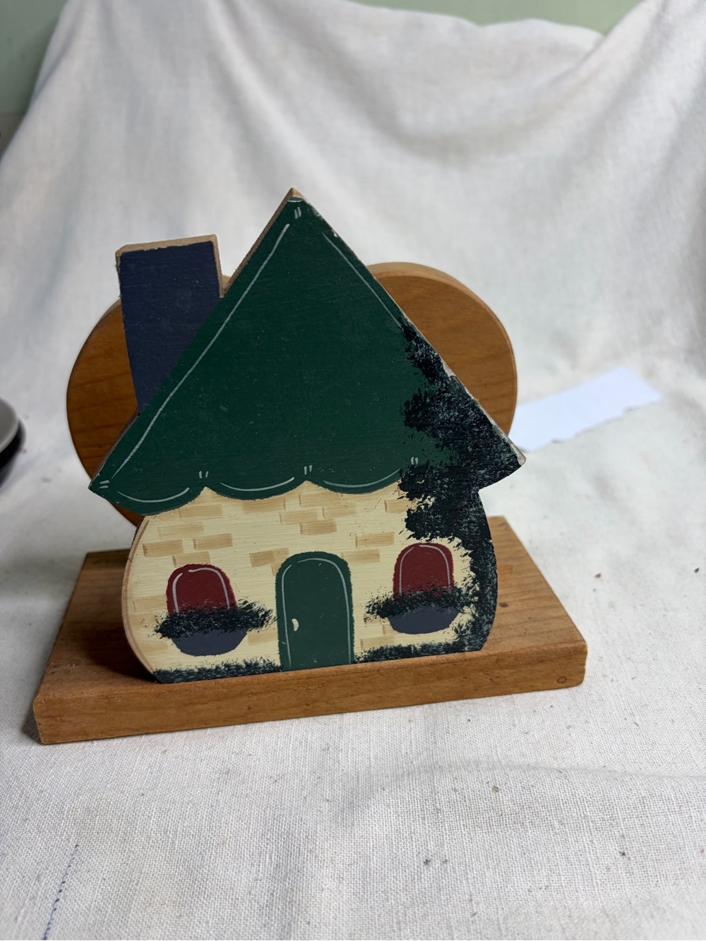 Posh Painted Wooden House Figurine in Green and Cream